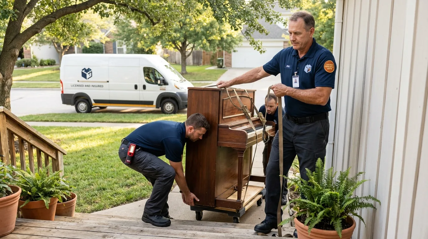 Licensed piano movers securing grand piano in Castaic, CA