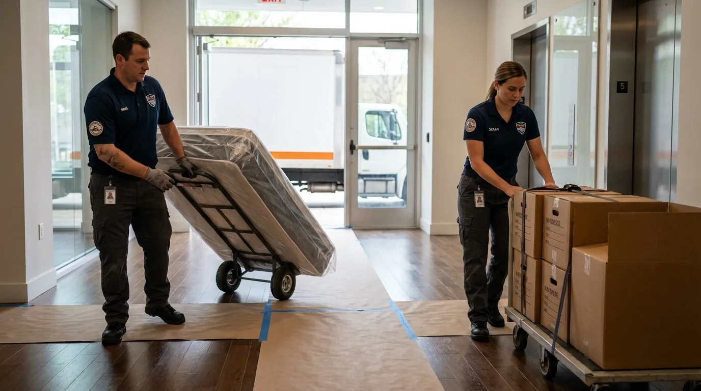 Professional apartment movers loading elevator in Castaic, CA